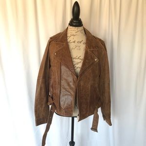 Newport News Distressed Brown Leather Moto Jacket